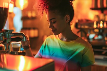 Afro-American woman barista working in caffe