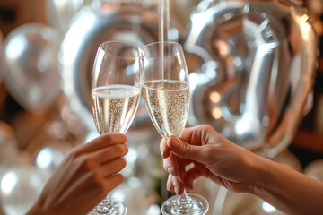 two hands with glasses of champagne on blurred background, closeup. Celebration concept