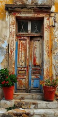 Fototapeta na wymiar Vintage Entrance: A Weathered Door of an Old House in Hydra, Greece