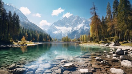 beautiful shot of a crystal clear lake next to a snowy mountain base during a sunny day - obrazy, fototapety, plakaty