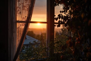 Morning Serenity: A View Through the Window into a Bright Summer Sunrise