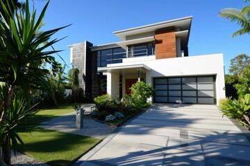 Modern Australian Suburban Home with Sunlit Front Garden and Driveway in Gold Coast, Queensland - obrazy, fototapety, plakaty