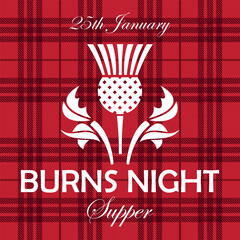 Burns night supper card with thistle on tartan background.Menu with lettering for restaurant, party...