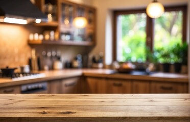 Fototapeta na wymiar Kitchen wooden table top and kitchen blur background