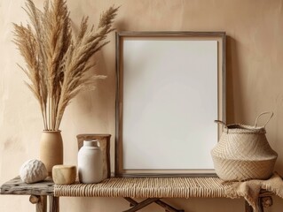 Vintage Boho Home Interior with Wooden Frame, Canvas, and Pampas Grass Vase on Aged Table