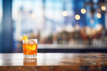 manhattan cocktail on bar with blurred city backdrop