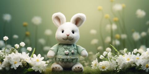 Easter background with Easter eggs, bunny, daisies on a green background. Banner