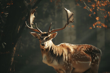 Fallow deer in forest. Wildlife scene from wild nature