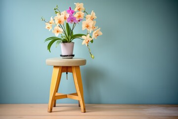flowering orchids on a high stool in soft light