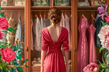 Elegance in Selection: Woman Contemplating Dresses in a Wardrobe