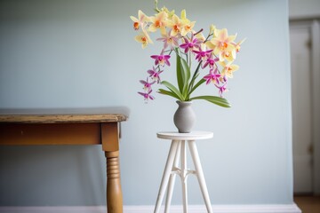 flowering orchids on a high stool in soft light