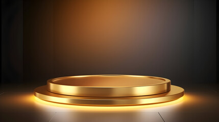 A gold ring with a gold band on it,,
A big golden Stage, gold podium on a dark background Pro Vector