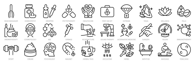 alternative medicine line web icons. Vitamin therapy, anti-aging, wellness, Ayurveda, Chinese medicine. Holistic Center. Editable stroke.
