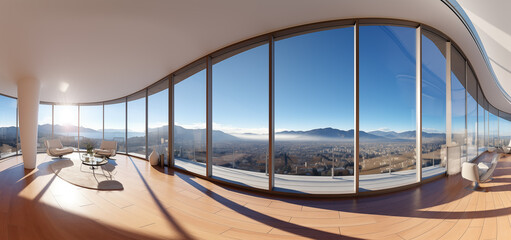 360 degree room with panoramic windows all around the walls with a view of the outside world
