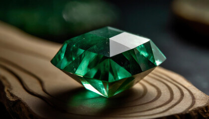 Green gemstone, emerald, faceted cut, reflection, close-up
