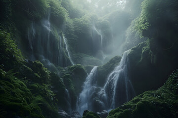 Akita Prefecture, Japan waterfall in the rainforest landscape