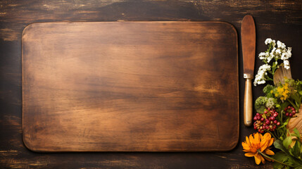 Vintage wooden cutting board linen napkin and cut