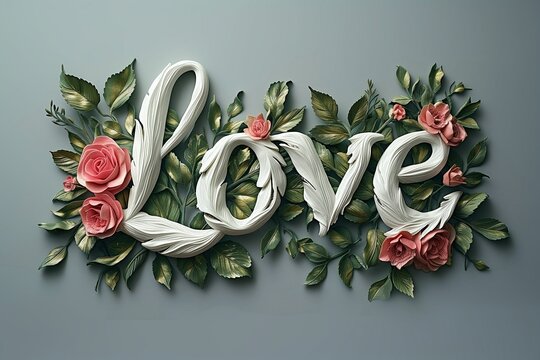 Fototapeta Inscriptions with the word love, decorative romantic illustrations decorated with leaves and flowers