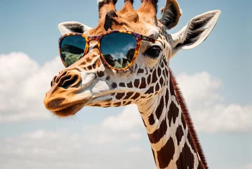 Gardinen Giraffe with sunglasses on nature background © PeopleWorker