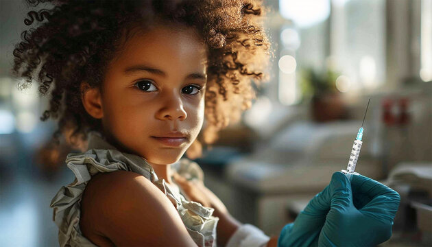 African American Girl Gets Vaccination. Children Vaccination. Preteen Black Girl Getting Vaccinated For Covid-19 Or Other Diseases Prevention Sitting In Clinic. Medical Worker Wearing  Injecting