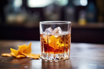 closeup of negroni on bar, orange peel garnish, ice cubes in glass