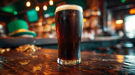Pint of dark Irish stout beer with frothy foam head. Irish pub with St. Patrick's Day decor, green top hat, gold coins. Wide format horizontal wallpaper. AI Generated - obrazy, fototapety, plakaty