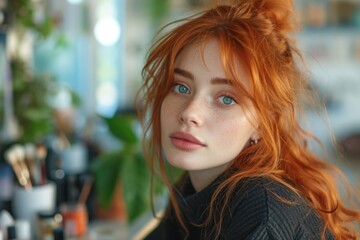 Fototapeta premium Young woman make makeup with cosmetics