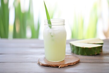 Obraz na płótnie Canvas aloe vera beverage in a clear bottle with aloe leaves