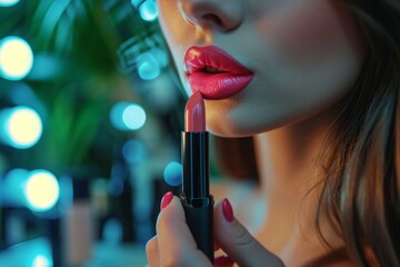 Woman hold lipstick and paint lips - obrazy, fototapety, plakaty