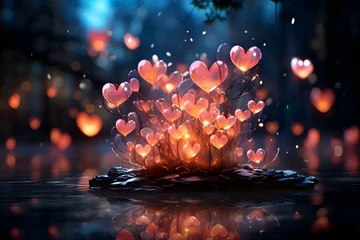 Fotobehang Valentines Day background with hearts on water surface. 3D rendering © Wazir Design
