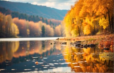 Fototapeta premium Autumn landscape on lake and tree