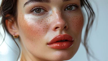 Fotobehang Beautiful woman with lip fillers. Receiving filler injection. Cosmetologist makes rejuvenating beautiful woman. Female aesthetic cosmetology in a beauty salon. © annebel146