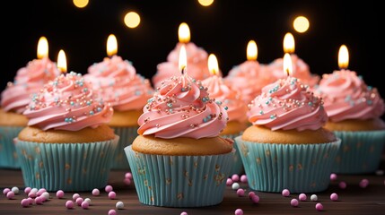 A selection of delicious cupcakes with pink and turquoise icing, adorned with colorful sprinkles and lit candles, set against a dark, festive backdrop.