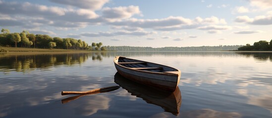 A beautiful shot of a small lake with a wooden rowboat in focus and breathtaking clouds in the sky