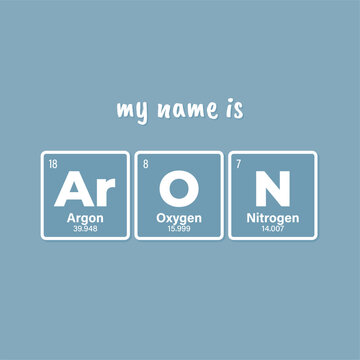 Vector inscription name ARON composed of individual elements of the periodic table. Text: My name is. Blue background