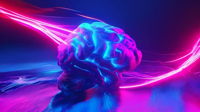 Vivid rays of light racing through a brain in digital representation, evoking an active thought process.

