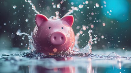 A pink piggy bank is splashed by water, symbolizing financial liquidity or savings in a dynamic economic environment.