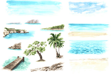 Sea cliff, Coastal rocks, tropical beach. Hand drawn watercolor illustration and background - obrazy, fototapety, plakaty