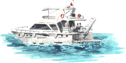 Naklejka premium Sea boat, yacht and seagulls set. Hand drawn watercolor illustration isolated on white background
