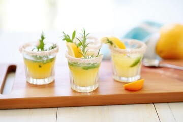 Fototapeta premium trio of mini margaritas in shot glasses with citrus garnishes