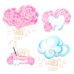 Watercolor cartoon set, Flying princess mouse. clip art fairy tooth with gift. Medical dental illustration for kids. First teeth