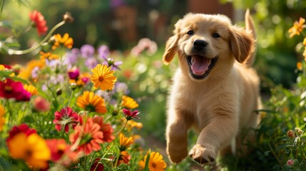 A happy puppy frolicking in a sunny garden, surrounded by colorful flowers. Energetic and playful, capturing the joy of a young dog