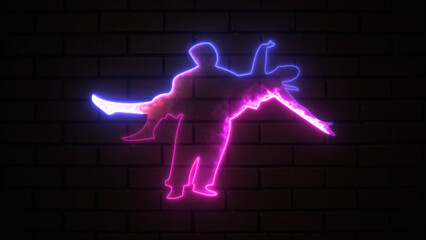 Glowing neon A romantic man is carrying a woman in his arms along a brick wall. Concepts of emotions, love, relations, and romantic holidays. Silhouettes and illumination on a brick wall background