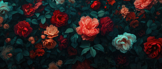 Fototapeta na wymiar a dense, lush garden of blooming roses in vintage colors, various roses in different stages of bloom, background wallpaper, generative ai