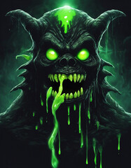 A black monster with glowing green eyes and slime coming out of its mouth looks very creepy