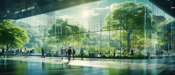 Glass office and working space with blurred people walking fast movement, Eco-friendly featuring...
