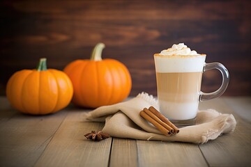 steaming pumpkin spice latte, froth visible, on burlap