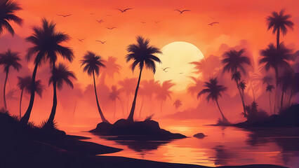 Tropical sunset with palm trees in the background.	