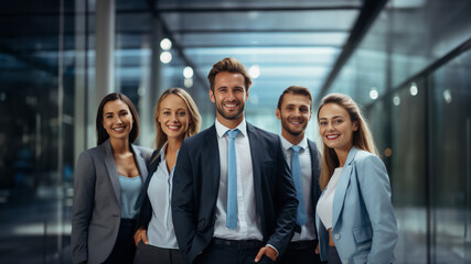Obraz premium The office comes alive with positivity as a group of businesspeople and their team showcase uplifting body language for a group photo. Generative AI.