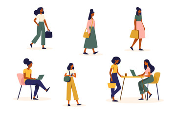 Collection of stylish women dressed in trendy clothes in minimal style. Set of casual outfits, female in different poses, sitting, standing, walking. Flat colorful vector illustration.